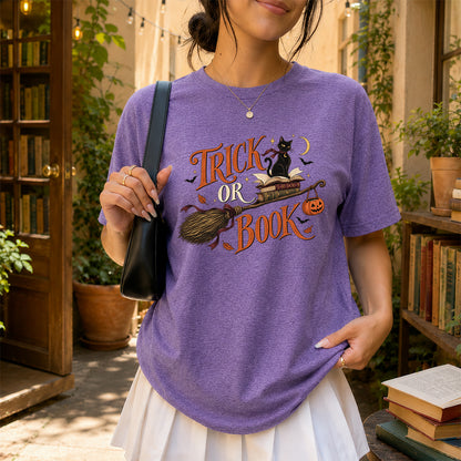 Trick Or Book Black Cat Printed T-Shirt | Halloween Book Lover Gift Heather Purple