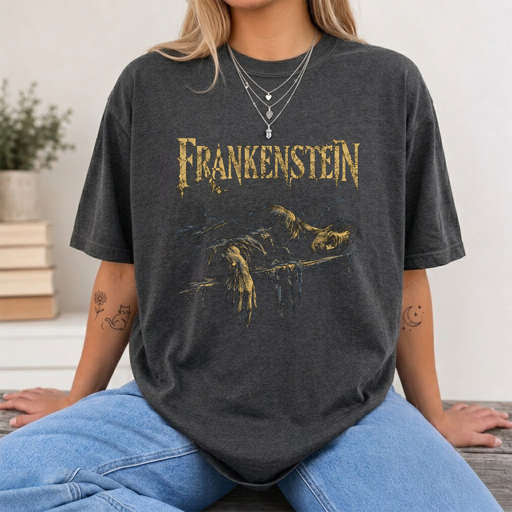 Frankenstein Printed T-Shirt | Halloween Book Lover Gift Dark Heather