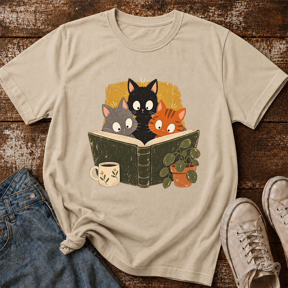 Minimal Japanese Cats Reading Softstyle T-Shirt | Book Lover Gift Sand