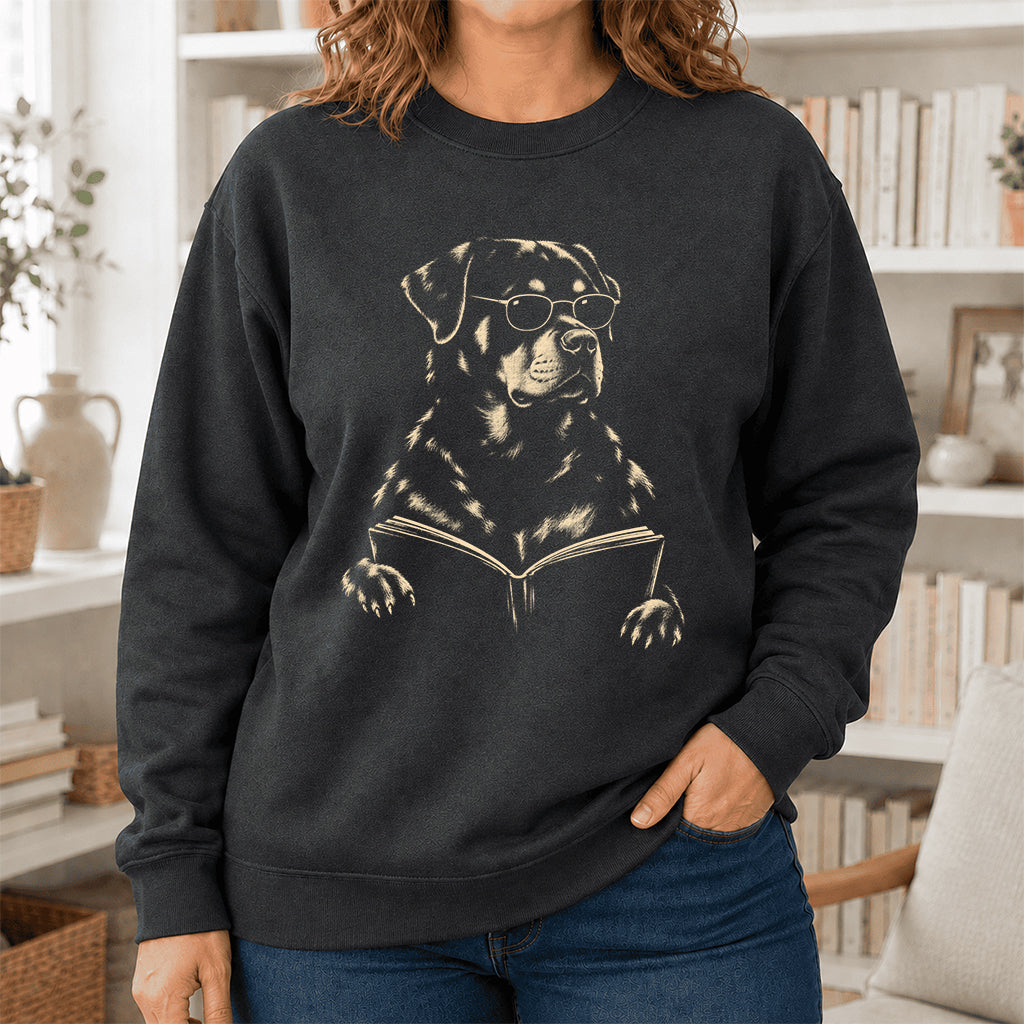 Rottweiler Reading Book Crewneck Sweatshirt | Reader Gift Dark Heather