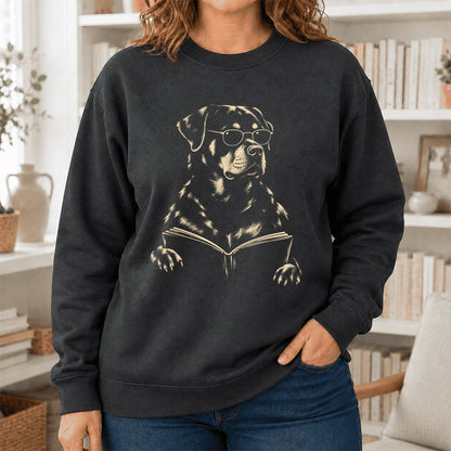 Rottweiler Reading Book Crewneck Sweatshirt | Reader Gift Dark Heather