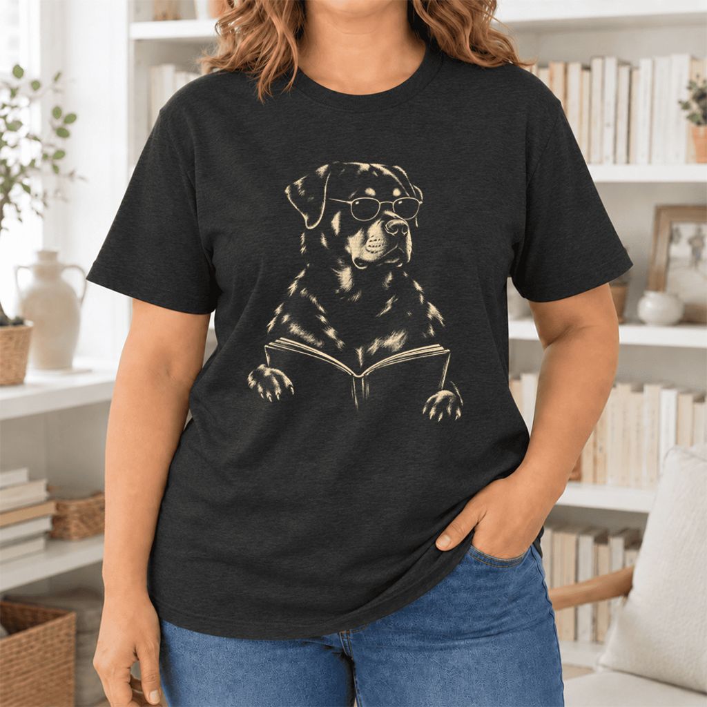 Rottweiler Reading Book Ultra-Soft Cotton T-Shirt | Dog Mom Reader Gift Black Heather