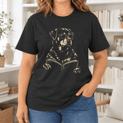 Rottweiler Reading Book Ultra-Soft Cotton T-Shirt | Dog Mom Reader Gift Black Heather