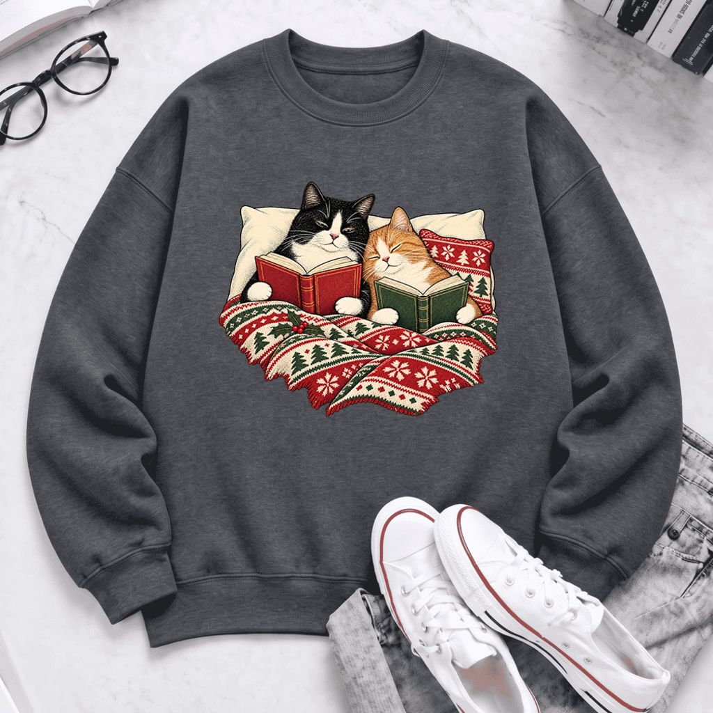 Christmas Reading Cat Couple Softstyle Sweatshirt | Cozy Christmas Gift Dark Heather
