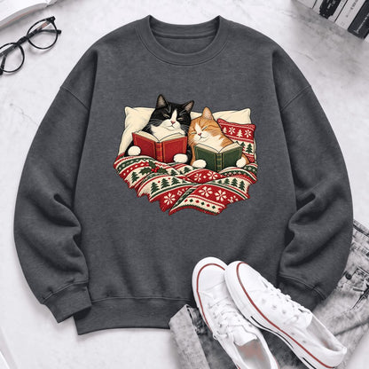 Christmas Reading Cat Couple Softstyle Sweatshirt | Cozy Christmas Gift Dark Heather