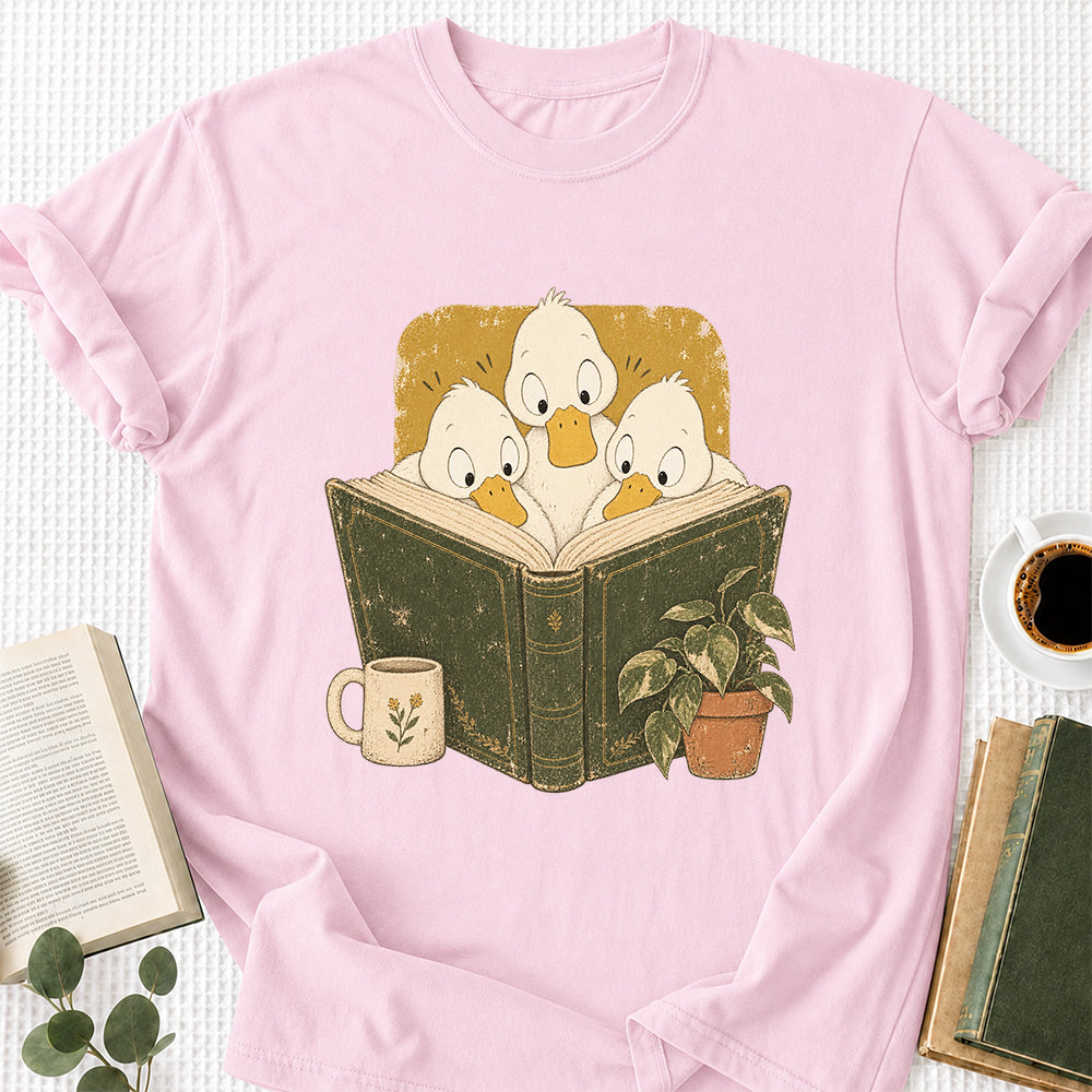 Minimal Japanese Ducks Reading Softstyle T-Shirt | Book Lover Gift Light Pink