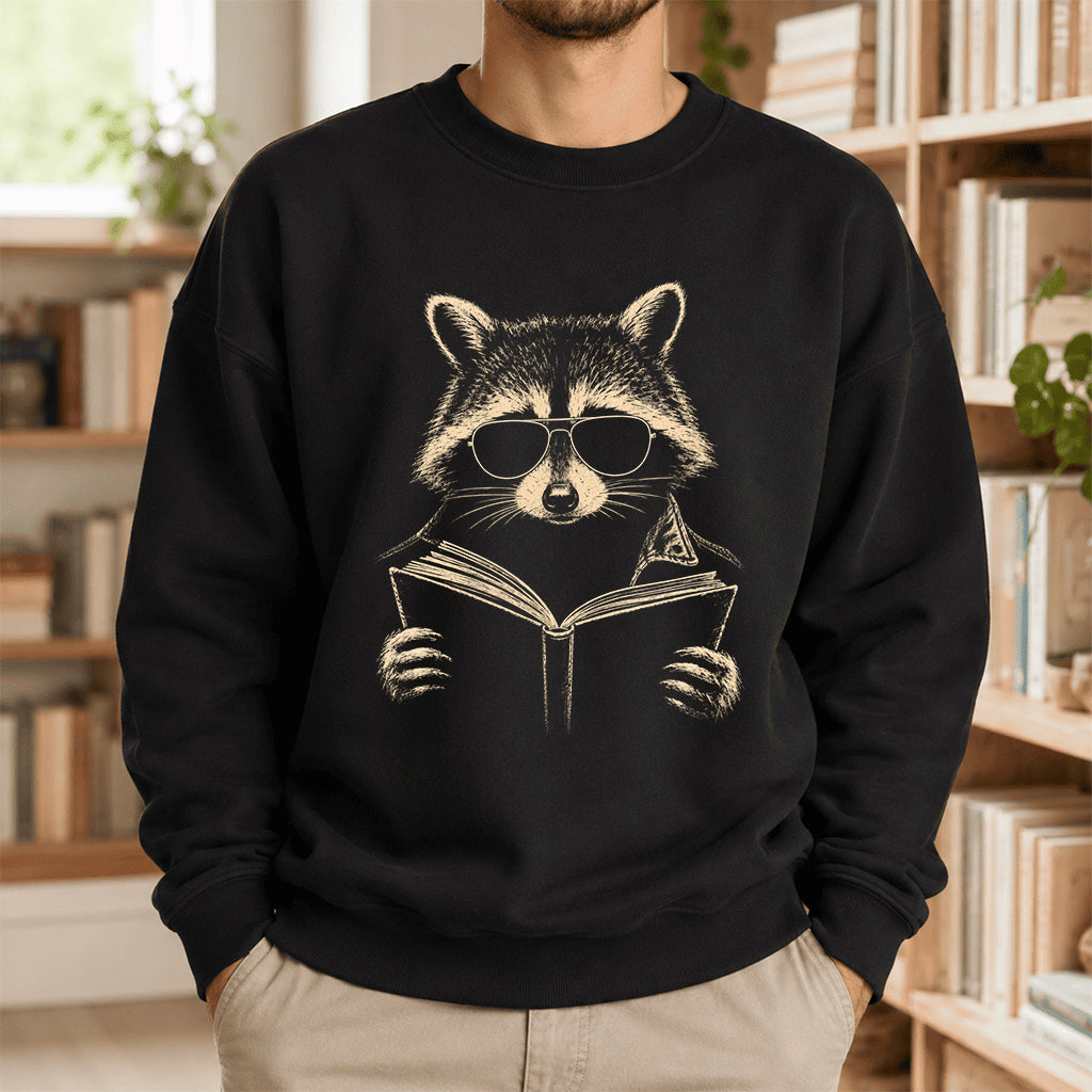 Raccoon Reading Book Crewneck Sweatshirt | Reader Gift Black