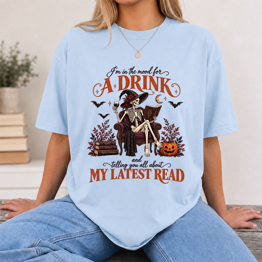 Telling You All About My Lastest Read Printed T-Shirt | Halloween Reader Gift Light Blue