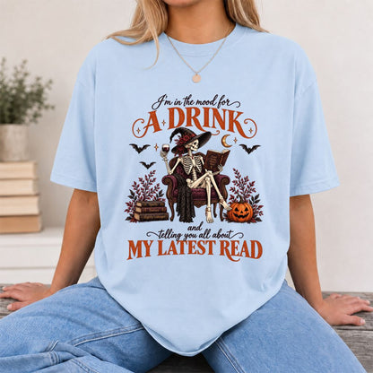 Telling You All About My Lastest Read Printed T-Shirt | Halloween Reader Gift Light Blue