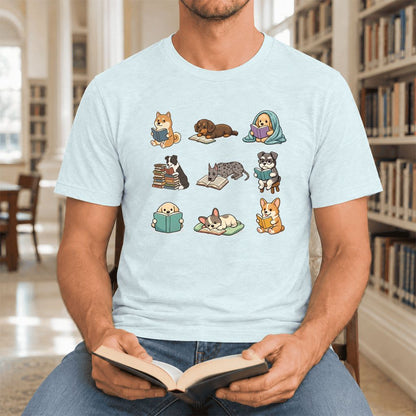 Funny Reading Dogs Ultra-Soft Cotton T-Shirt | Dog Mom Reader Gift Heather Ice Blue
