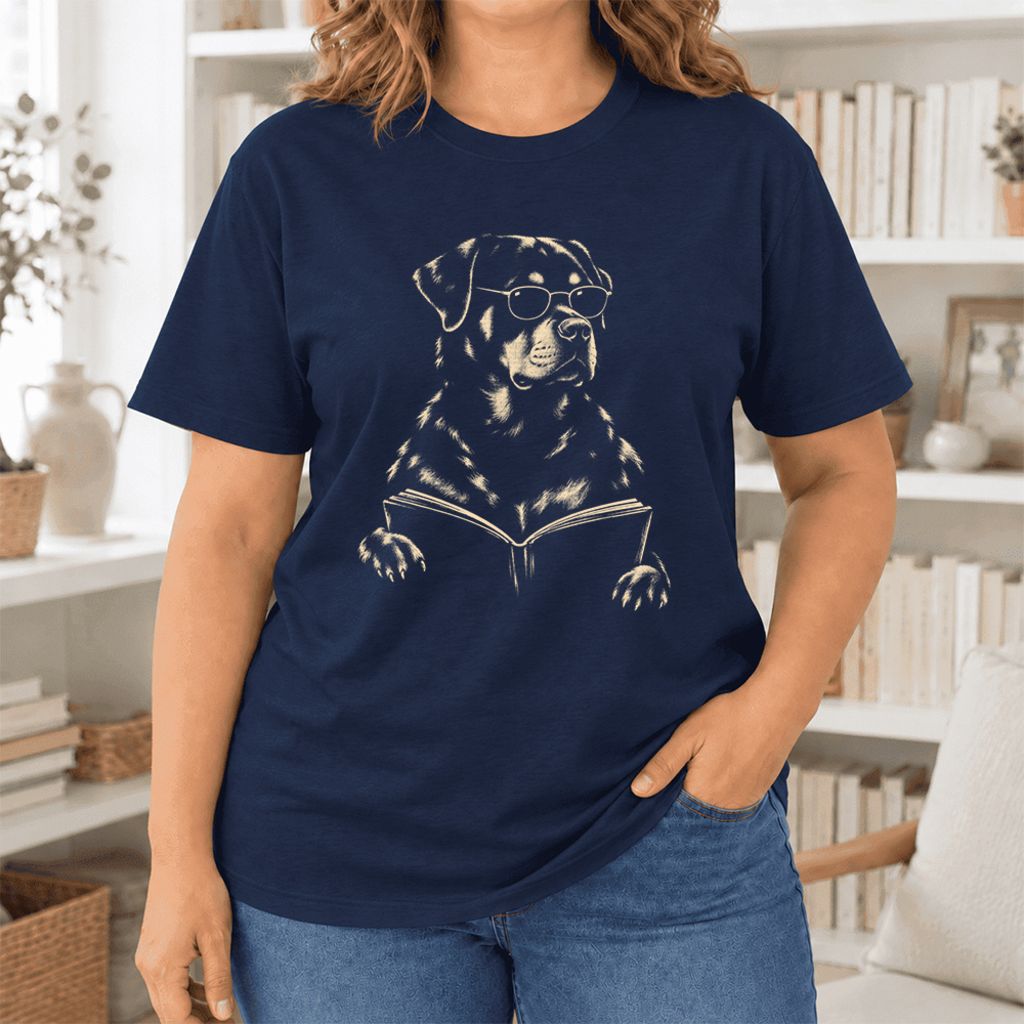 Rottweiler Reading Book Ultra-Soft Cotton T-Shirt | Dog Mom Reader Gift Navy