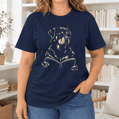 Rottweiler Reading Book Ultra-Soft Cotton T-Shirt | Dog Mom Reader Gift Navy