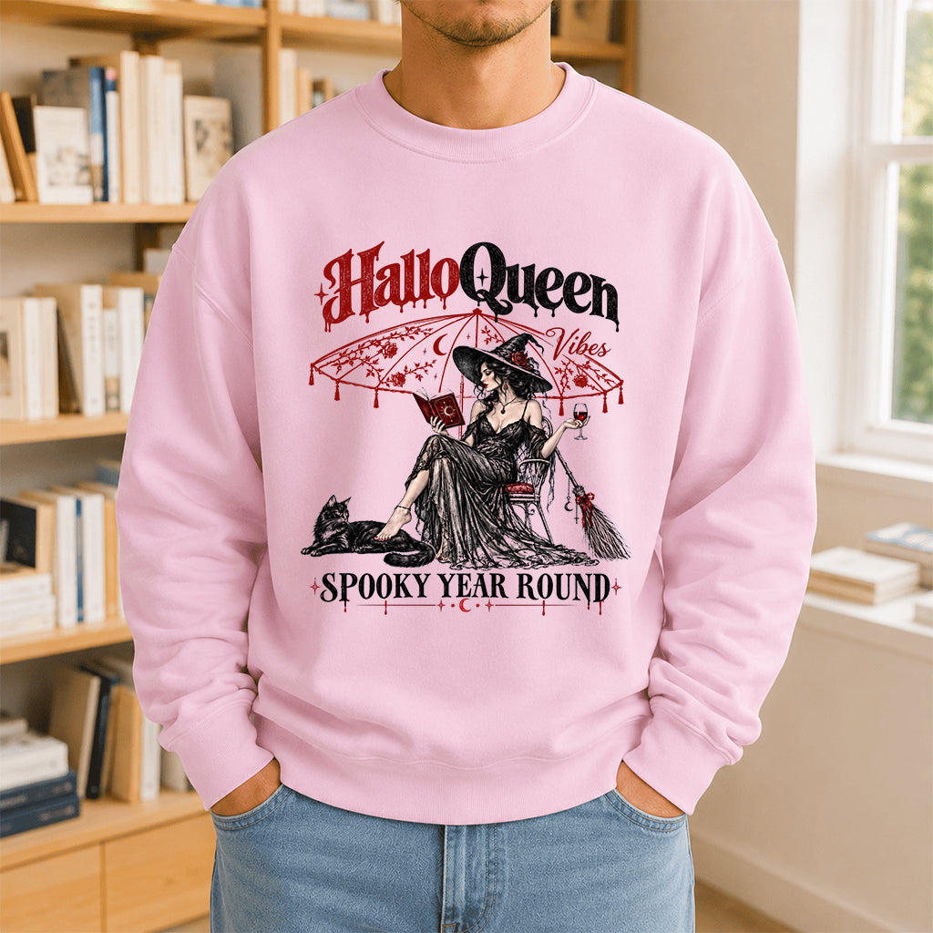 Halloqueen Spooky Year Round Printed Sweatshirt | Spooky Book Lover Gift Light Pink