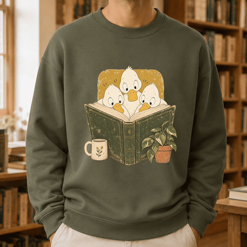 Minimal Japanese Ducks Reading Crewneck Sweatshirt | Reader Gift Military Green