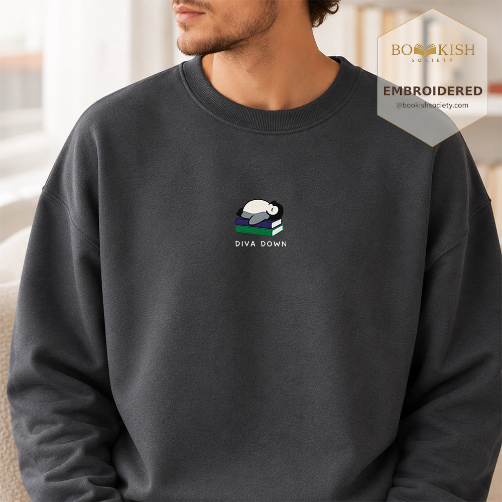 Diva Down Penguin Embroidered Sweatshirt | Reader Gift Dark Heather