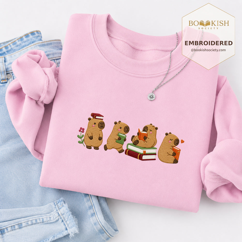 Reading Capybaras Embroidered Sweatshirt | Reader Gift Light Pink