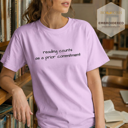 Embroidered Reading Counts As A Prior Commitment Comfort Color® T-shirt Book Lover Gift Orchid