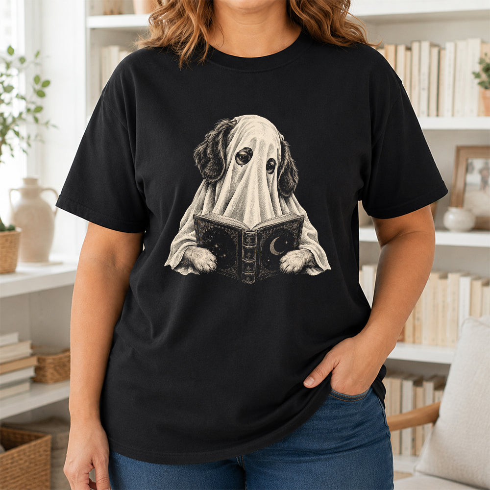 Reading Ghost Dog Printed T-Shirt | Halloween Dog Lover Gift Black