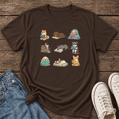 Funny Reading Dogs Ultra-Soft Cotton T-Shirt | Dog Mom Reader Gift Brown