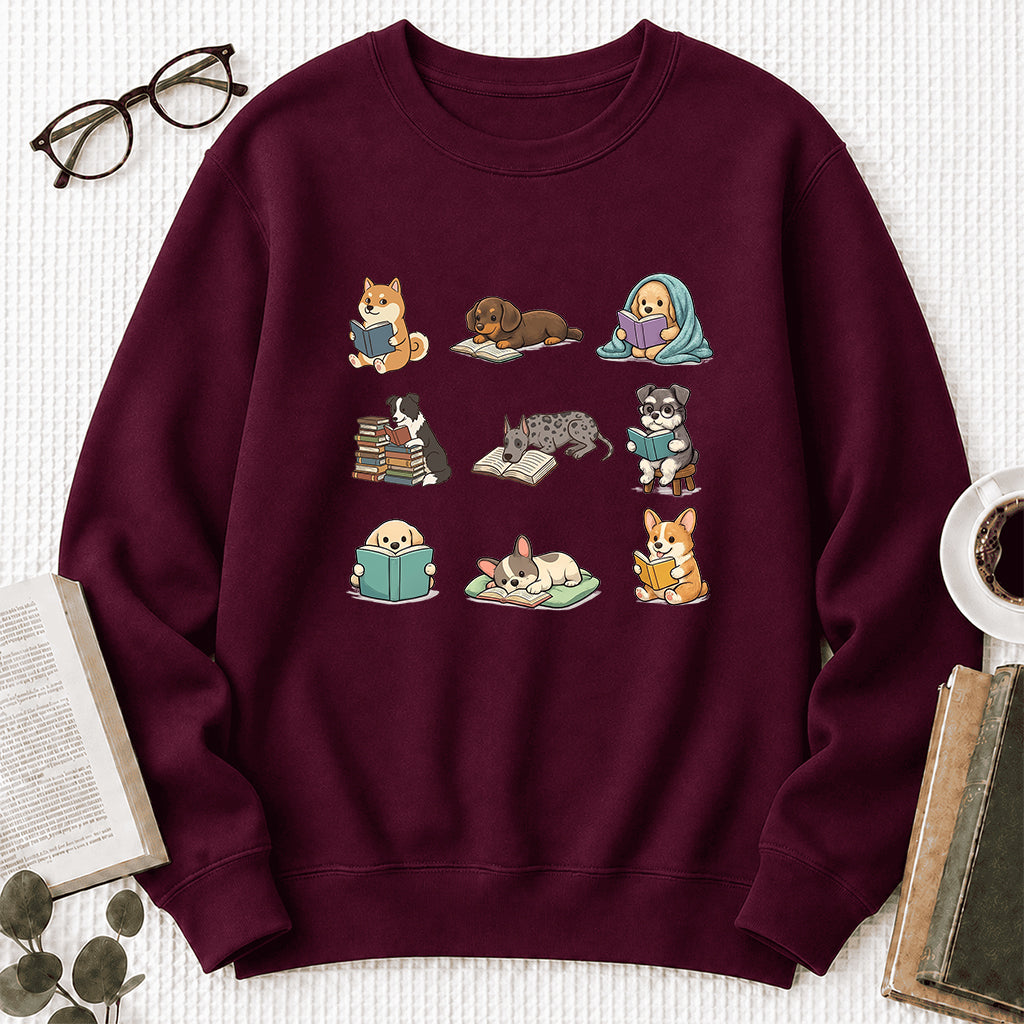 Funny Dogs Reading Crewneck Sweatshirt | Reader Gift Maroon