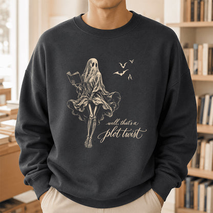 Funny Dress-Wearing Bookworm Ghost Printed Sweatshirt | Halloween Reader Gift Dark Heather