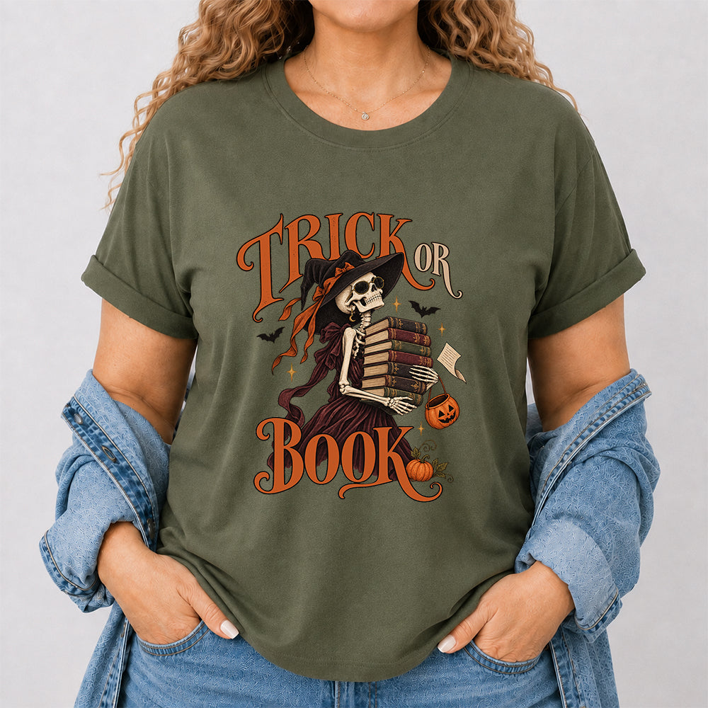 Trick Or Book Lady Printed T-Shirt | Halloween Book Lover Gift Military Green