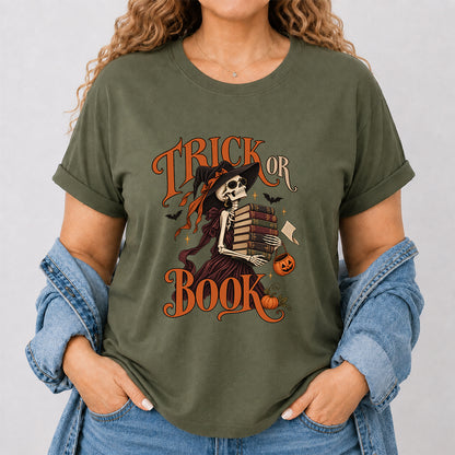 Trick Or Book Lady Printed T-Shirt | Halloween Book Lover Gift Military Green
