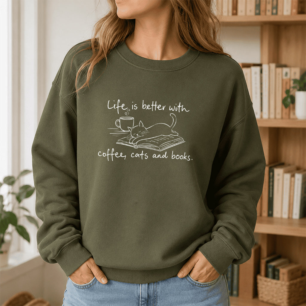 Funny Cats and Books Crewneck Sweatshirt | Reader Gift Military Green