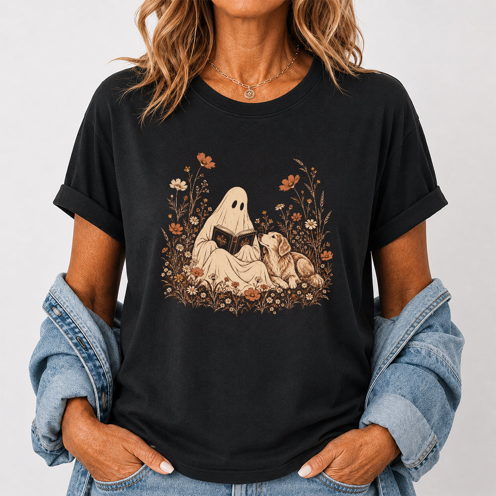 Ghost Wildflowers With Book And Golden Retriever Printed T-Shirt | Halloween Dog Lover Gift Black