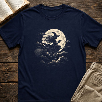 Reading Witch On The Flying Broom Printed T-Shirt | Halloween Book Lover Gift Navy