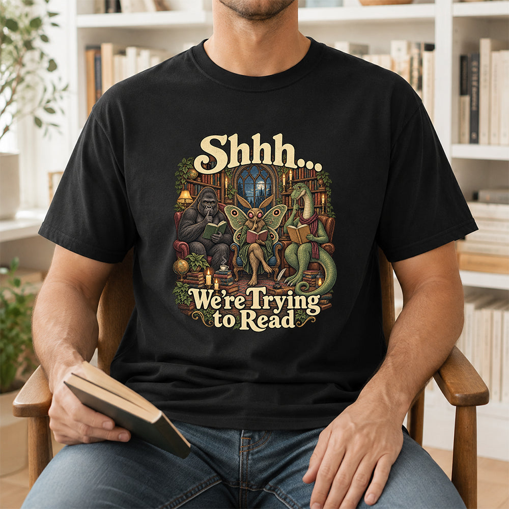 Shh... We Trying To Read Cotton T-Shirt | Midnight Reader Gift Black