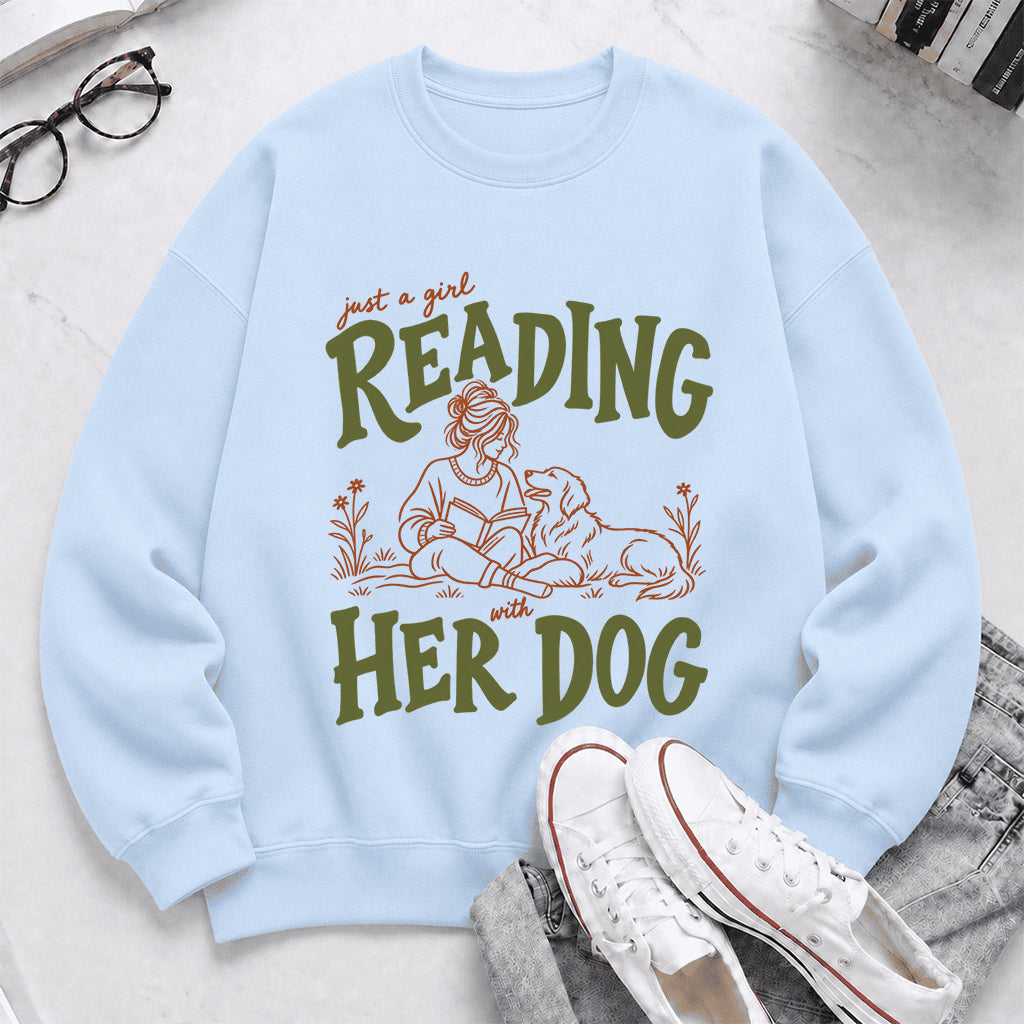 Just A Girl Reading With Her Dog Crewneck Sweatshirt | Reader Gift Light Blue