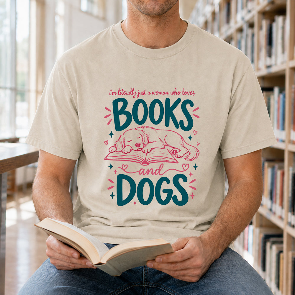 Just A Woman Who Loves Books and Dogs Cotton T-Shirt | Dog Lover & Reader Gift Sand
