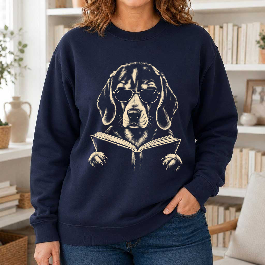 Beagle Reading Book Crewneck Sweatshirt | Reader Gift Navy