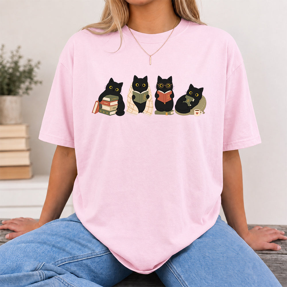 Black Cats Reading Softstyle T-Shirt | Book Lover Gift Light Pink
