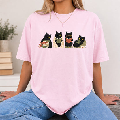 Black Cats Reading Softstyle T-Shirt | Book Lover Gift Light Pink