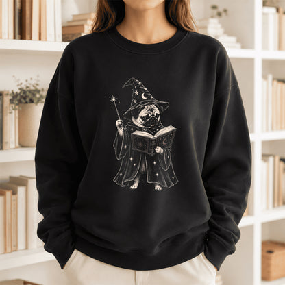 Cute Pug Witch Reading Book Printed Sweatshirt | Halloween Book Lover Gift Black