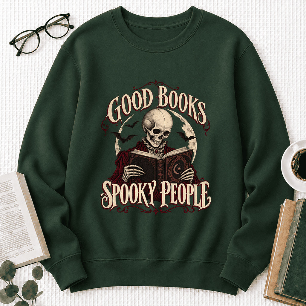 Good Books Spooky People Printed Sweatshirt | Halloween Book Lover Gift Forest Green