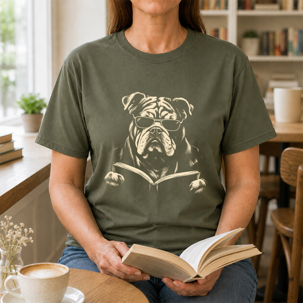 Bulldog Reading Book Softstyle T-Shirt | Book Lover Gift Military Green