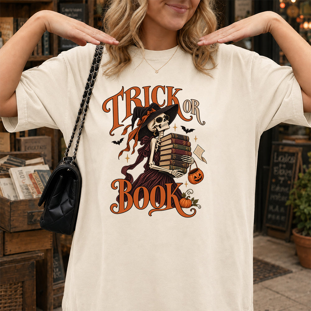 Trick Or Book Lady Printed T-Shirt | Halloween Book Lover Gift Natural