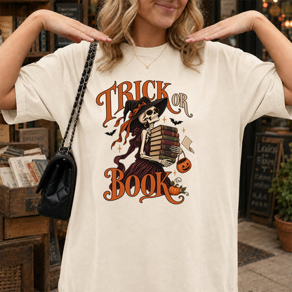 Trick Or Book Lady Printed T-Shirt | Halloween Book Lover Gift Natural