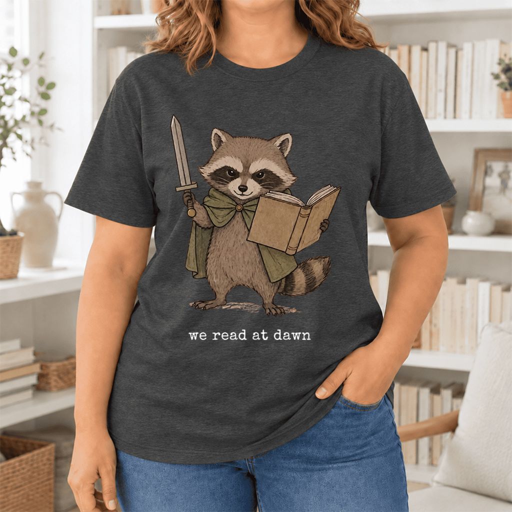 We Read At Dawn Funny Racoon Ultra-Soft Cotton T-Shirt | Playful Reader Gift Dark Grey Heather
