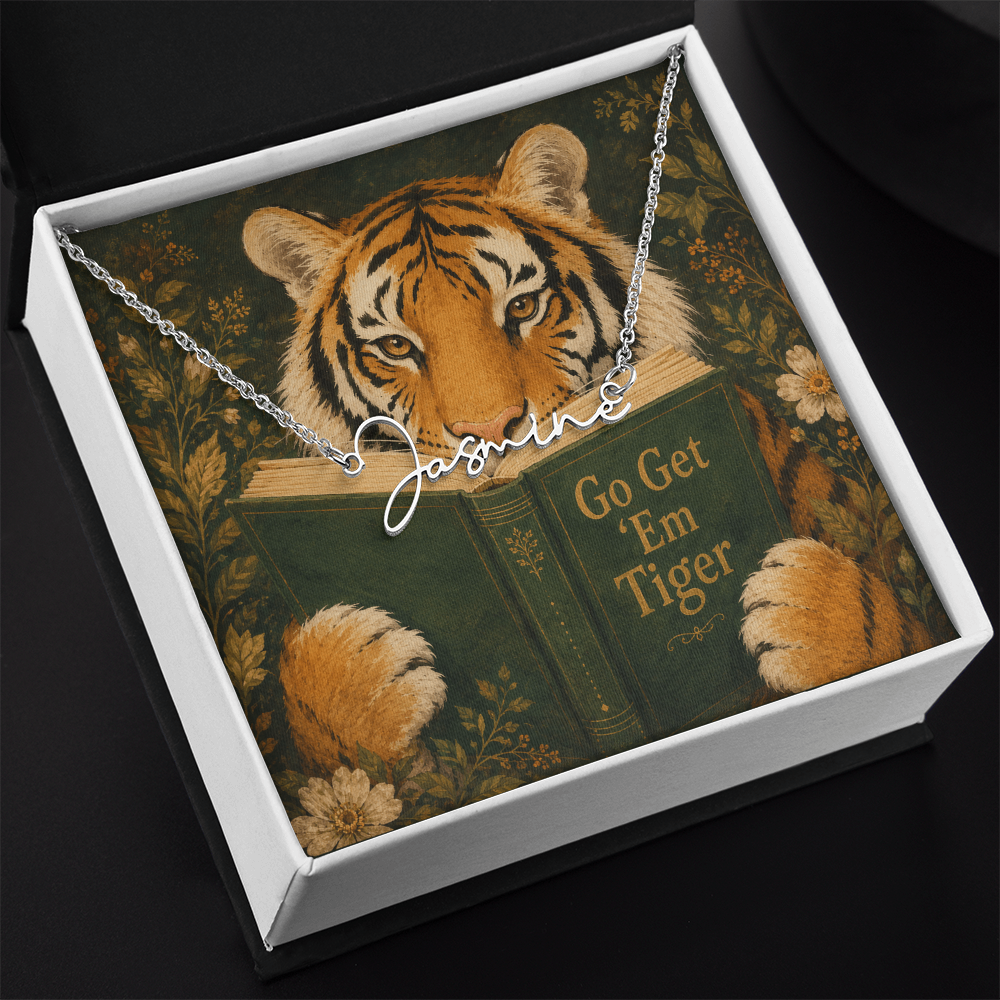 Motivational Tiger Reading Decorative Card And Custom Name Polished Stainless Steel Necklace With Box Book Lover Gift Font 2