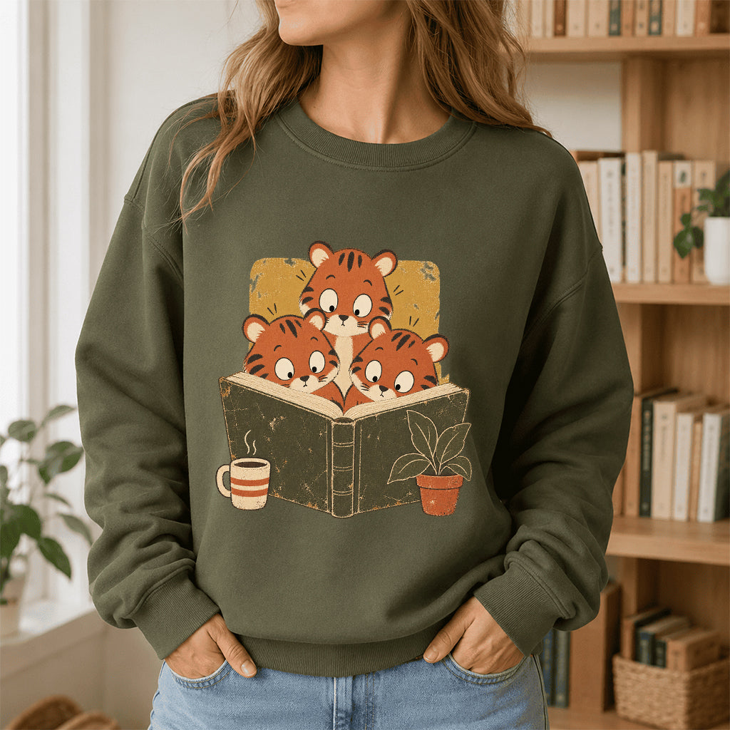 Minimal Japanese Tigers Reading Crewneck Sweatshirt | Reader Gift Military Green