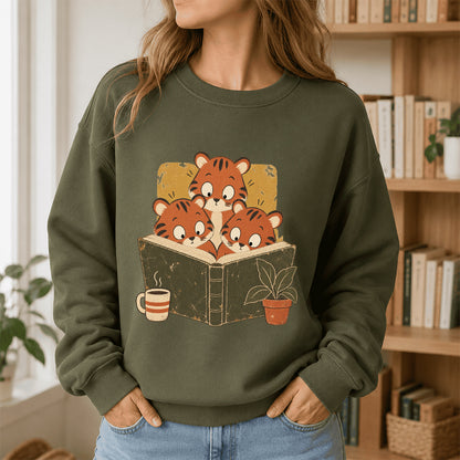 Minimal Japanese Tigers Reading Crewneck Sweatshirt | Reader Gift Military Green
