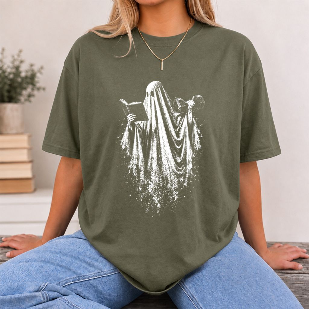 Reading Gym Ghost Printed T-Shirt | Halloween Book Lover Gift Military Green