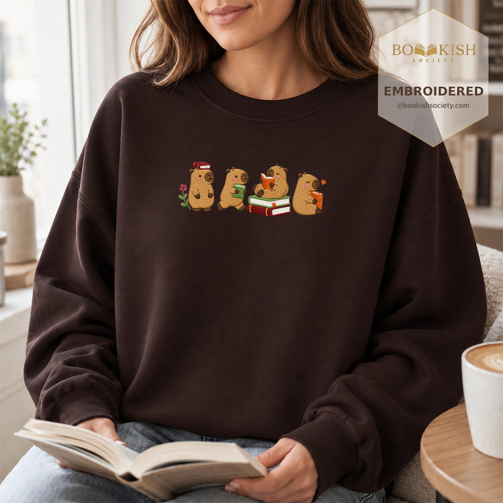 Reading Capybaras Embroidered Sweatshirt | Reader Gift Dark Chocolate