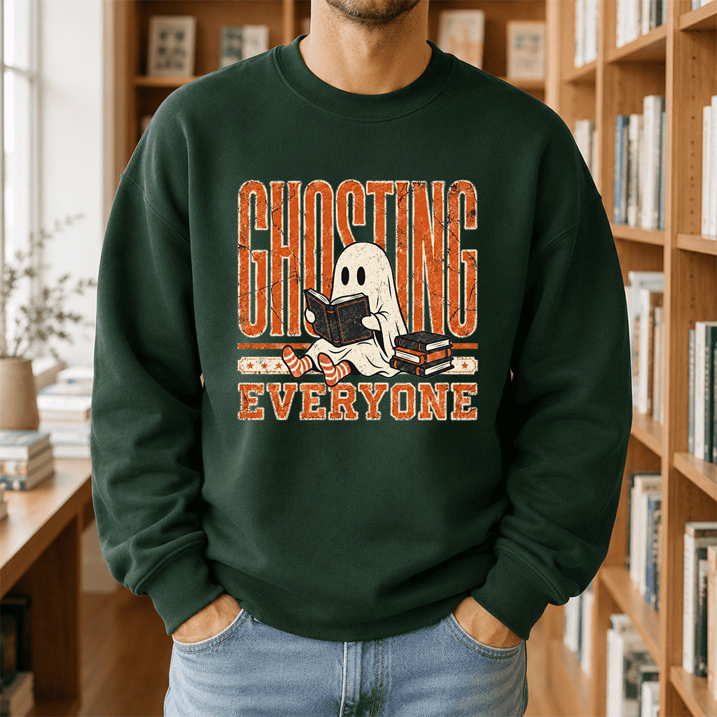 Ghosting Everyone Printed Sweatshirt | Halloween Book Lover Gift Forest Green
