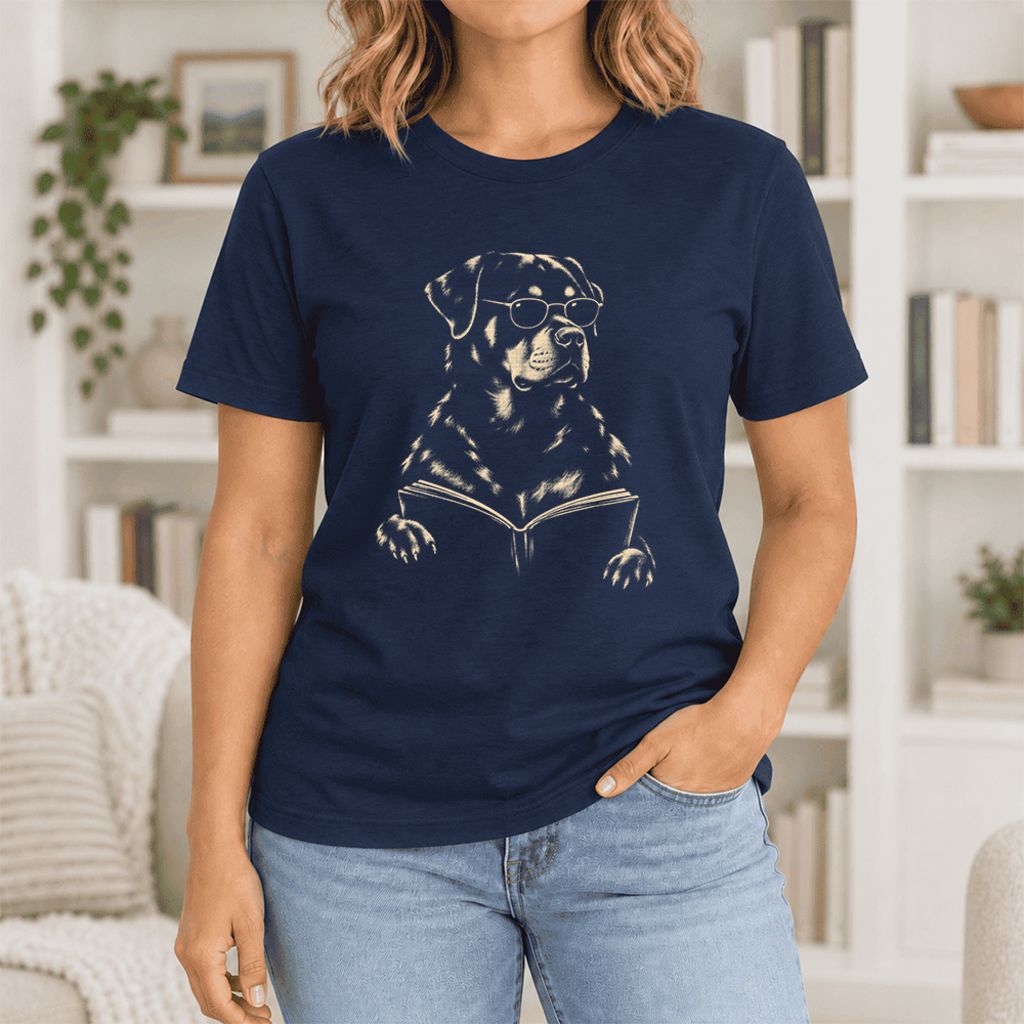 Rottweiler Reading Book Ultra-Soft Cotton T-Shirt | Dog Mom Reader Gift Navy