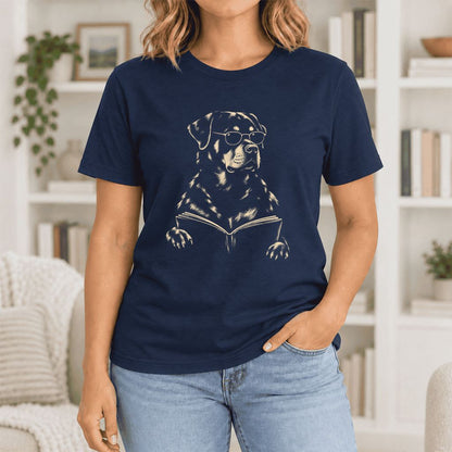 Rottweiler Reading Book Ultra-Soft Cotton T-Shirt | Dog Mom Reader Gift Navy